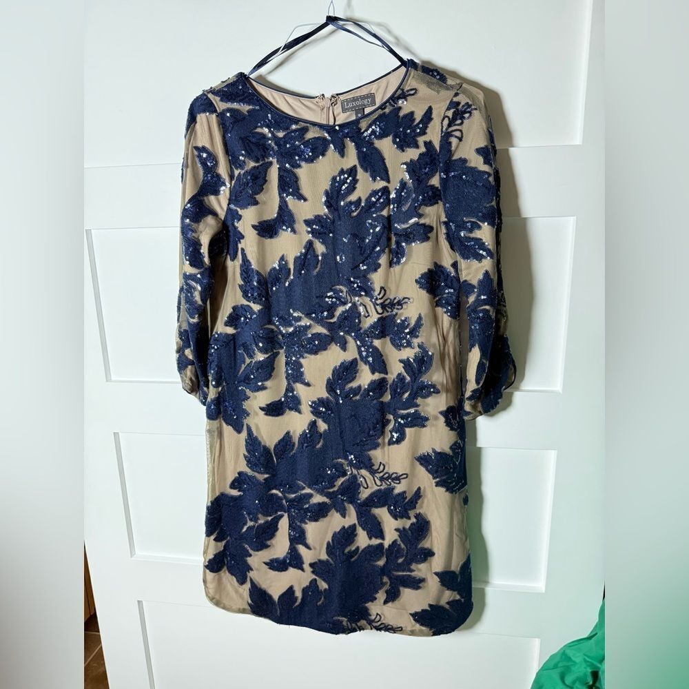Luxology Beige and Navy Long Sleeve Dress